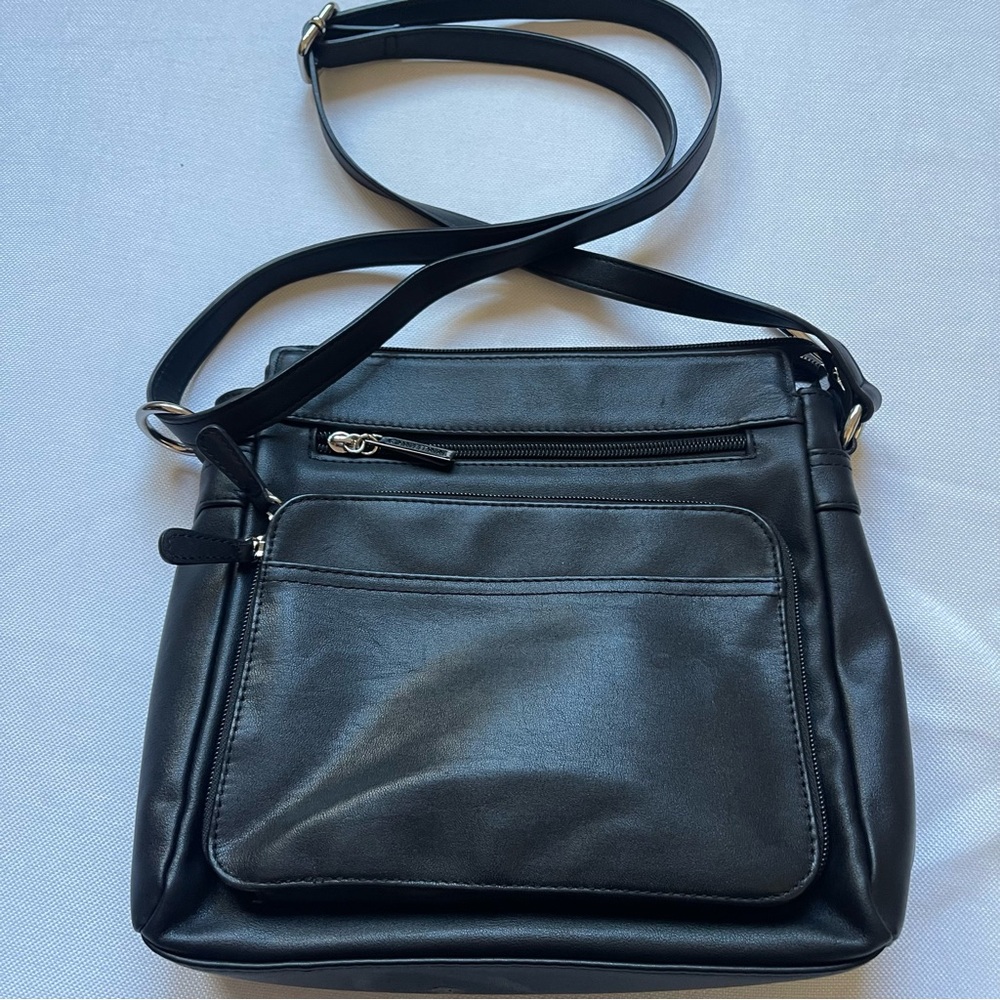 Giani Bernini Nappa Black Leather Purse Crossbody Bag Silver Zip straps